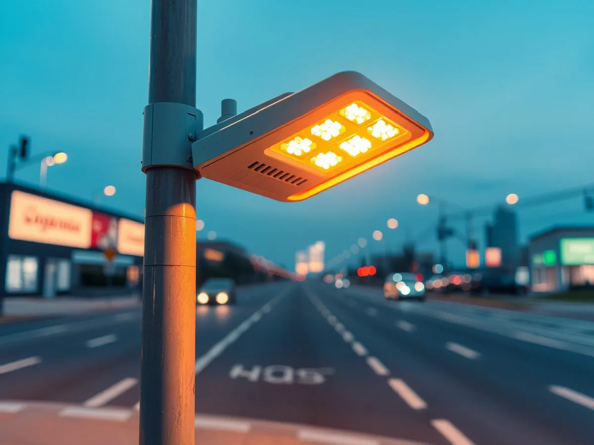宝吉LED路灯安装在城市道路上的实景图
