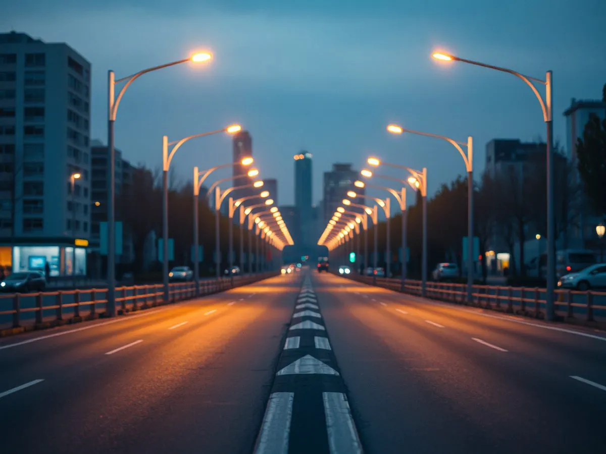 城市主干道LED照明升级效果图,路面明亮均匀,路灯排列整齐